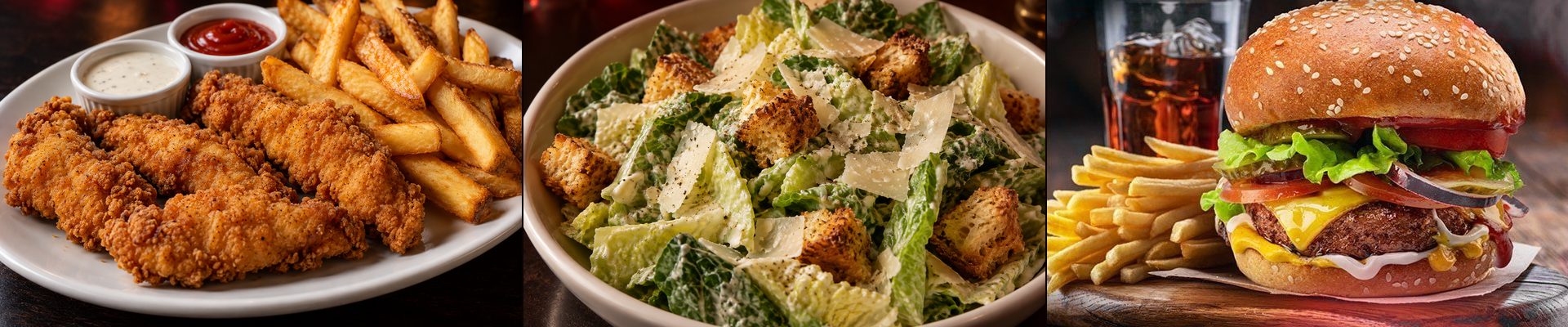 Chicken tenders and fries, Caesar salad, and burger and fries from the Condor Club San Francisco dining menu